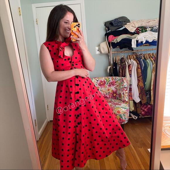 MARIANNA SENCHINA Red Black Polkadot Runway Midi Dress XS - Picture 4 of 16